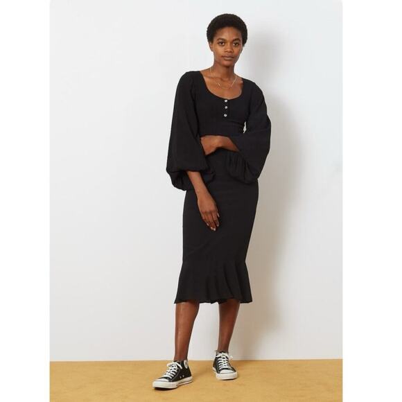 Staud Lara Midi Dress In Black Crepe Balloon Sleeves Ruffled Hemline Size 2 - Picture 2 of 13